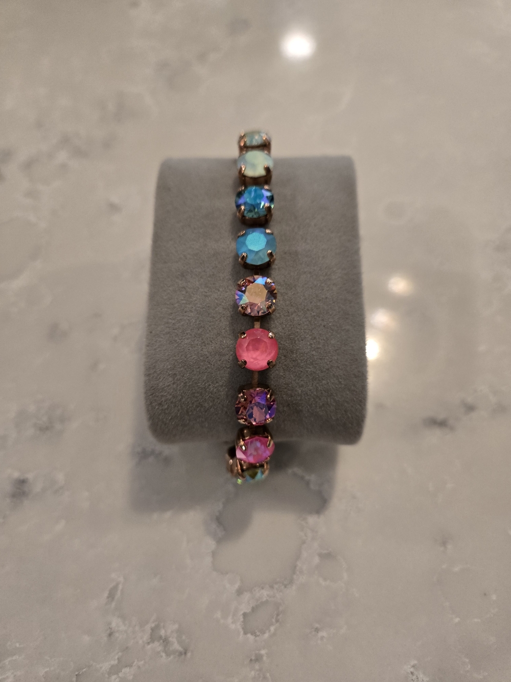8 MM Pink And Teal Swarovski Bracelet - Rose Gold Setting